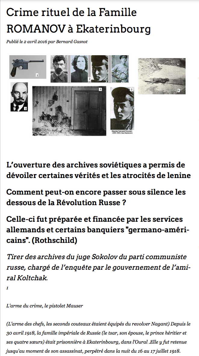 Page Internet. Crime rituel de la Famille Romanov à Ekaterinbourg, par Bernard Gasnot. 2016-04-02